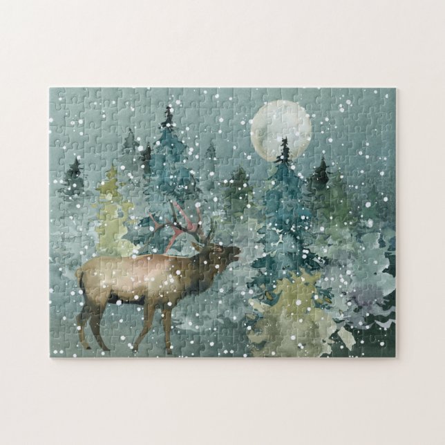 Majestic Elch in Forest Full Moon Snowfall Puzzle (Horizontal)