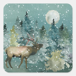 Majestic Elch in Forest Full Moon Snowfall Quadratischer Aufkleber