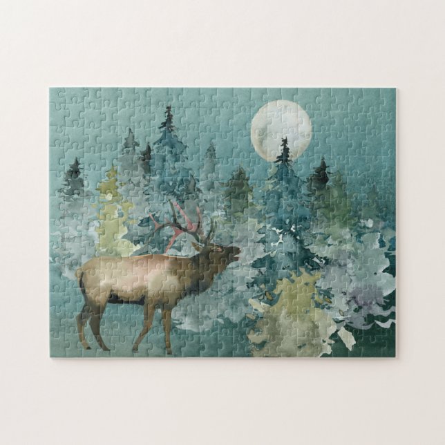 Majestic Elch in Forest Full Moon Wasserfarbe Puzzle (Horizontal)