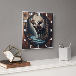 Majestic Elche am Fluss im dichten Wald Quadratische Wanduhr