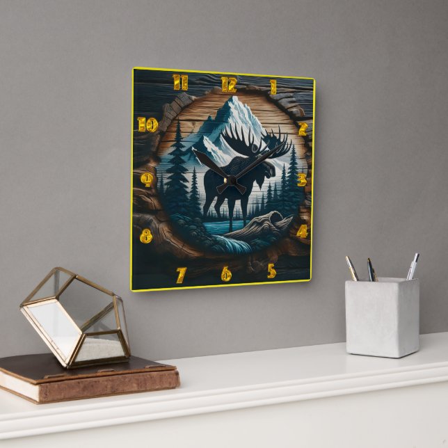 Majestic Elche in bewaldeter Berglandschaft Quadratische Wanduhr (Büro)
