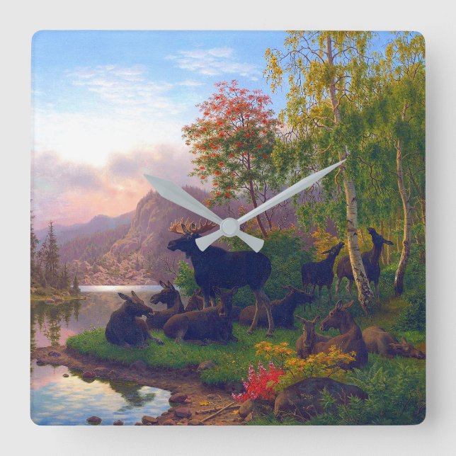 Majestic Elche in einem schwedischen Landschaftsla Quadratische Wanduhr (Vorderseite)