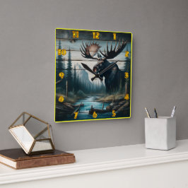 Majestic Elche in Serenwald Landschaft Quadratische Wanduhr