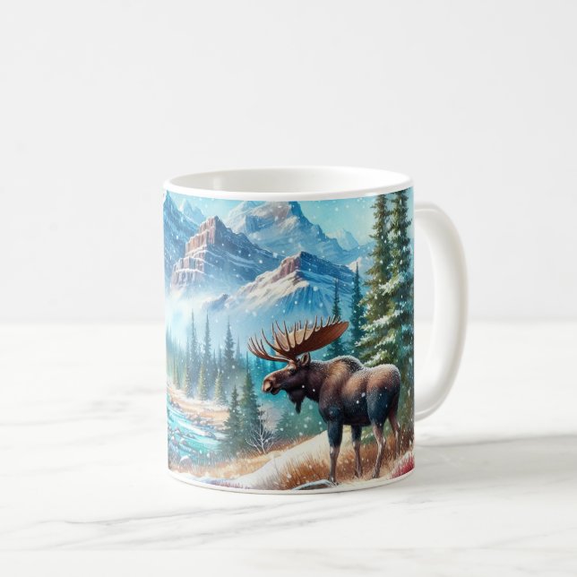 Majestic Elche in Snowy Mountain Landschaft Kaffeetasse (VorderseiteRechts)