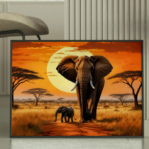 Majestic Elephant and Calf African Sunset Poster