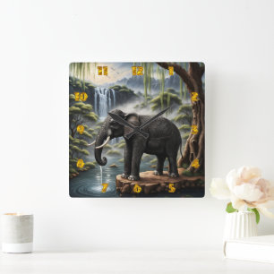 Majestic Elephant Drinks im Serene Waterfall Quadratische Wanduhr