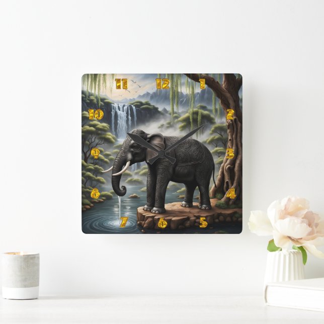 Majestic Elephant Drinks im Serene Waterfall Quadratische Wanduhr (Zuhause)