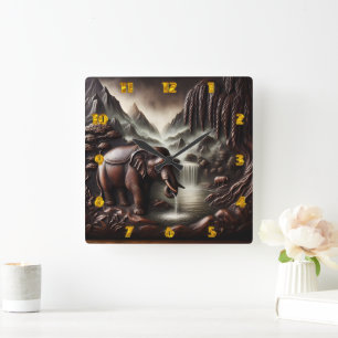 Majestic Elephant Drinks von Serene Waterfall Quadratische Wanduhr