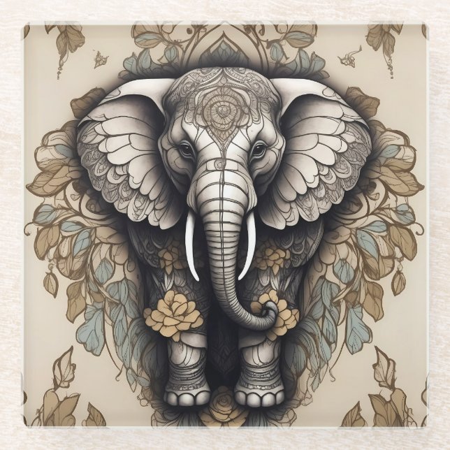 Majestic Elephant Mandala Glasuntersetzer (Vorderseite)