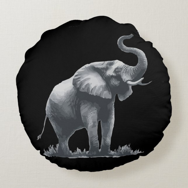 Majestic Elephant mit Raised Trunk Gray Black Rundes Kissen (Rückseite)