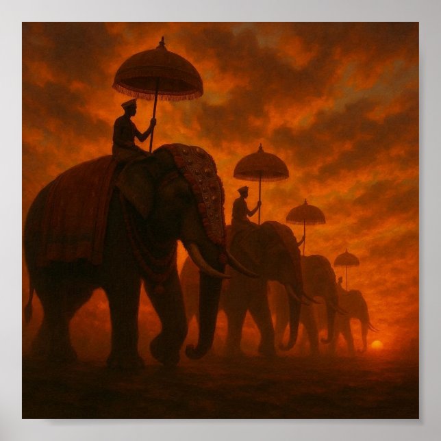 Majestic Elephant Procession - Sunset Silhouette Poster (Vorne)