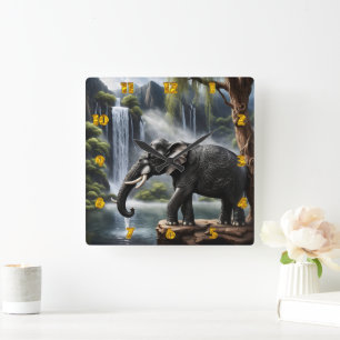 Majestic Elephant von Serene Waterfall bei Morgend Quadratische Wanduhr