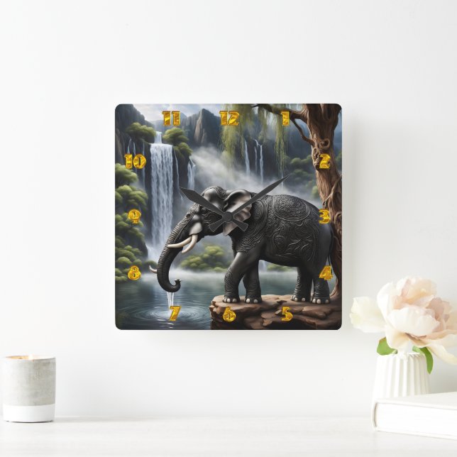 Majestic Elephant von Serene Waterfall bei Morgend Quadratische Wanduhr (Zuhause)