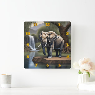 Majestic Elephant von Serene Waterfall bei Morgend Quadratische Wanduhr