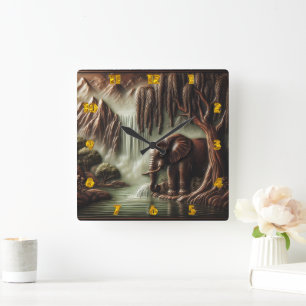 Majestic Elephant von Serene Waterfall in der Dämm Quadratische Wanduhr