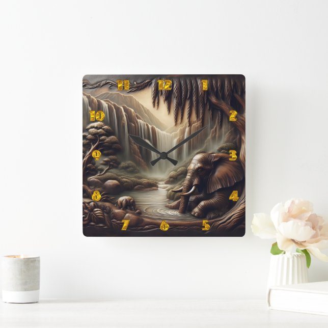 Majestic Elephant von Serene Waterfall in der Dämm Quadratische Wanduhr (Zuhause)