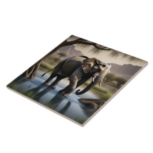 Majestic Elephant Wading in Serenwasser bei Morgen Fliese