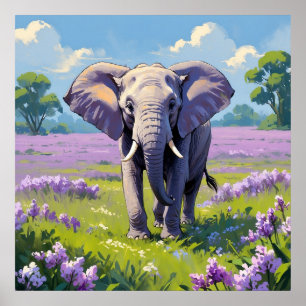 Majestic Elephant Walking in Lilac Feldmalerei Poster