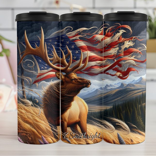 Majestic Elk American Flag Landscape Thermosbecher (Von Creator hochgeladen)