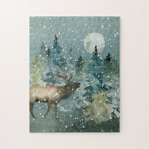 Majestic Elk Forest Full Moon Snowfall Puzzle