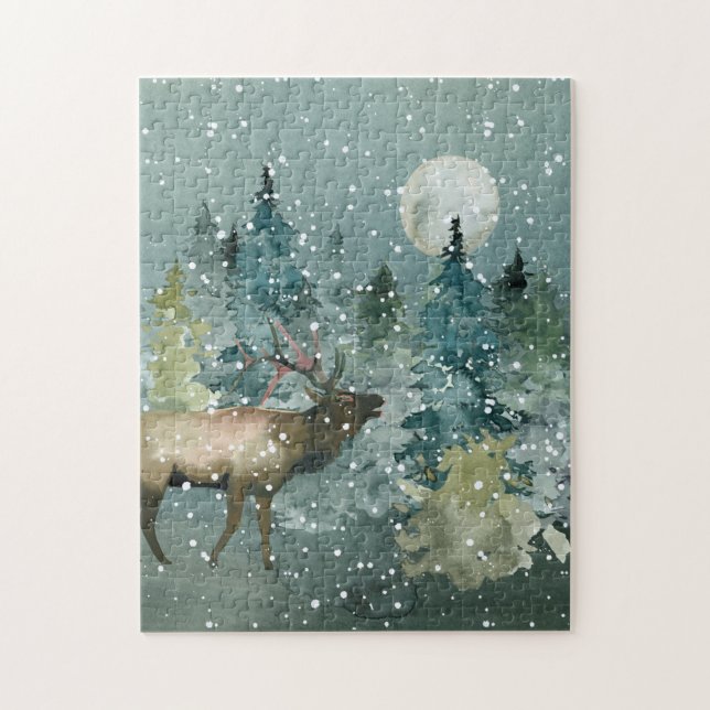 Majestic Elk Forest Full Moon Snowfall Puzzle (Vertikal)