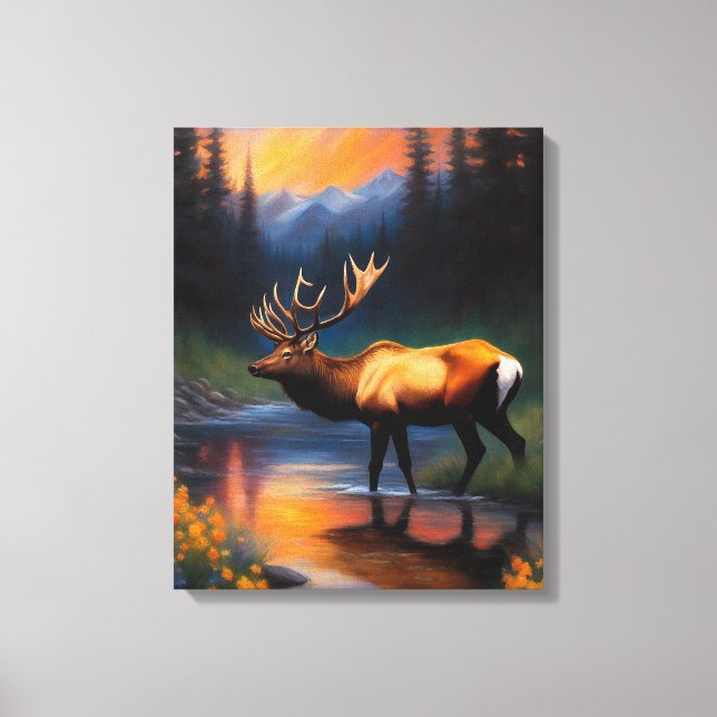 Majestic Elk Stehend Mountain Steam Painting Leinwanddruck (Vorderseite)
