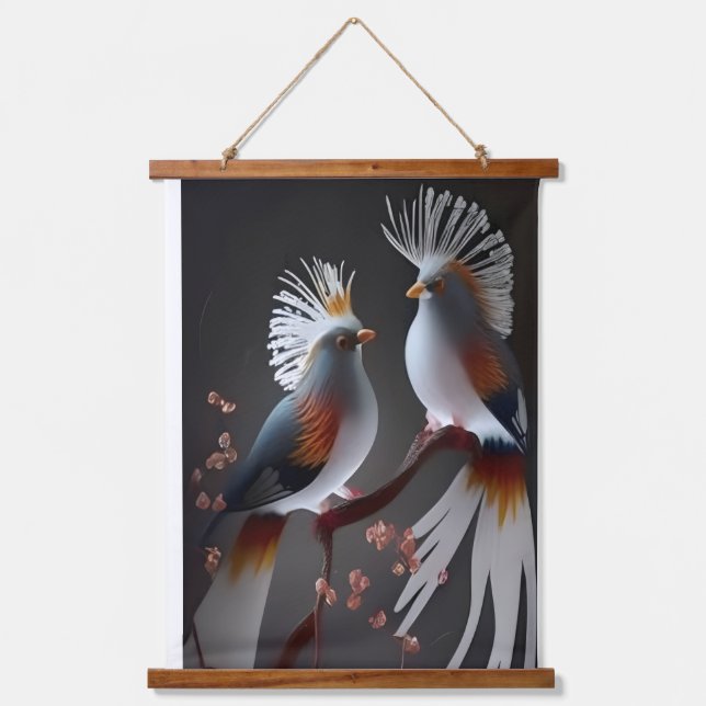 Majestic Exotic Birds on Branch - Ethereal Nature  Wandteppich Mit Holzrahmen (Vorderseite)