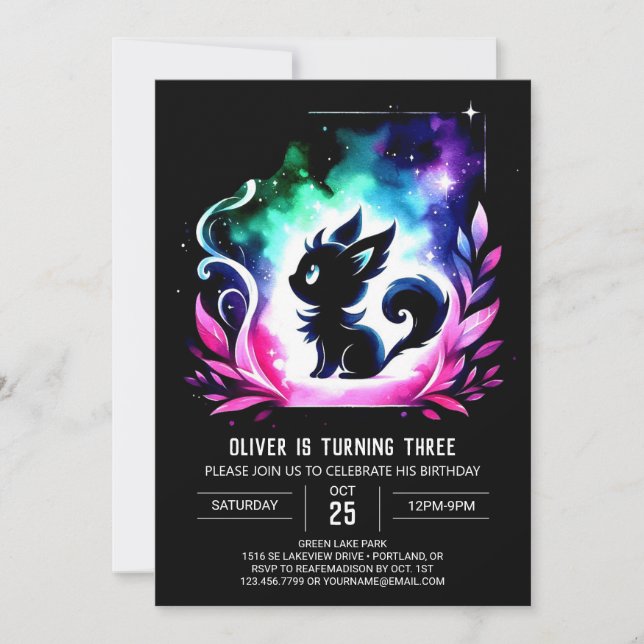 Majestic Fantasy Cat Birthday Einladung (Vorderseite)