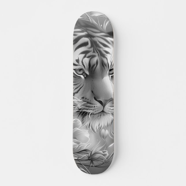 Majestic Fantasy Gray Scale Tiger Head & Florals  Skateboard (Vorne)