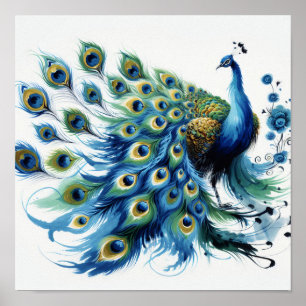 Majestic Feathers: Blue Peacock Digitale Kunst Poster