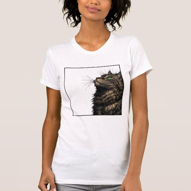 Majestic Fluffy Cat Green Eyes Portrait T-Shirt (Vorderseite)