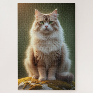 Majestic Fluffy Cat - Serene Green Mit Augen Felin Puzzle