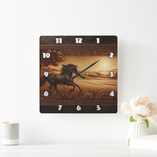 Majestic Galloping in Golden Sunrise Field Quadratische Wanduhr (Zuhause)