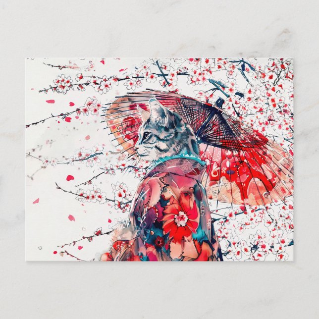 Majestic Geisha Katze unter Kirschblüten Postkarte (Vorderseite)
