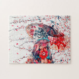 Majestic Geisha Katze unter Kirschblüten Puzzle