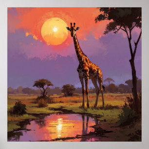 Majestic Giraffe in Wild während Sonnenuntergangsm Poster
