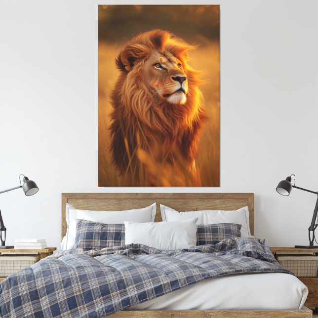 Majestic Golden Lion at Sunset – Canvas Wall Art Leinwanddruck (Insitu (Schlafzimmer))