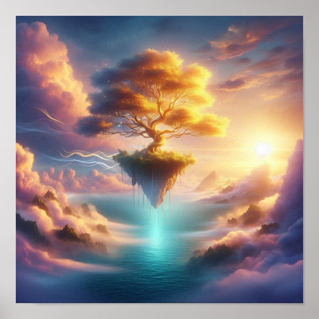 Majestic Golden Tree Over Dreamlike Ocean Skies Poster (Vorne)
