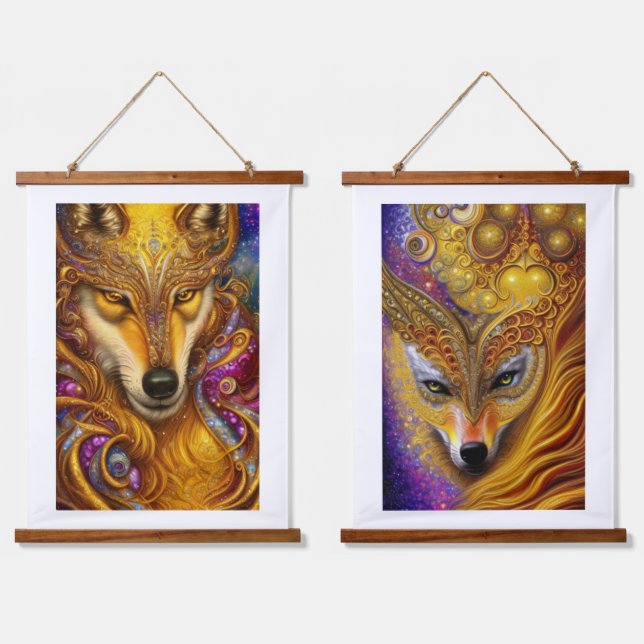 Majestic Golden Wolf Pair Fantasy AI Art Print Wandteppich Mit Holzrahmen (Doppelt)