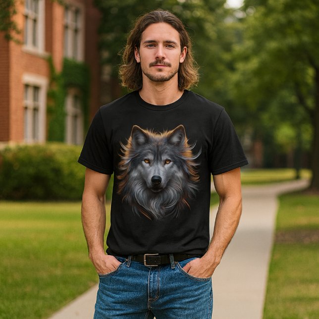 Majestic Gray Wolf with Copper Eyes  T-Shirt (“Bold wolf art meets campus cool perfect for students who lead with instinct, style, and strength.”)
