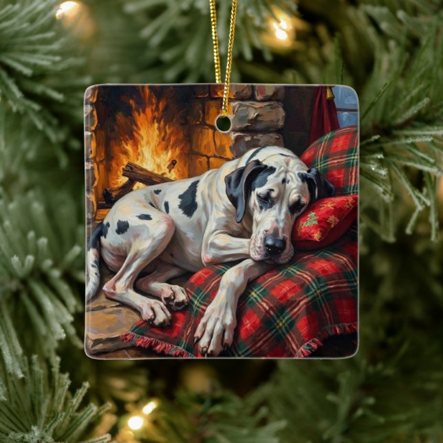 Majestic Great Dane Asleep by Fireplace Cozy Keramikornament (Baum)