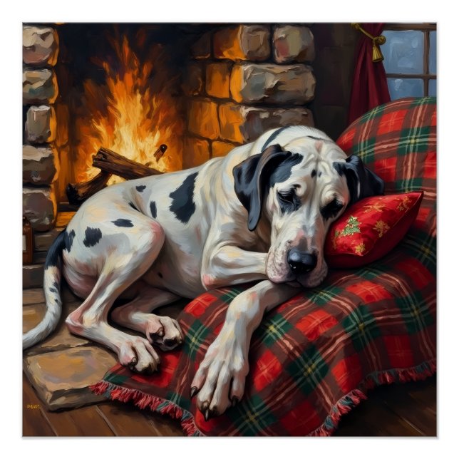 Majestic Great Dane Asleep by Fireplace Cozy Poster (Vorderseite)