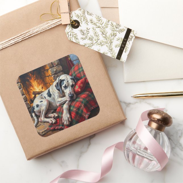 Majestic Great Dane Asleep by Fireplace Cozy Quadratischer Aufkleber (Schenken)