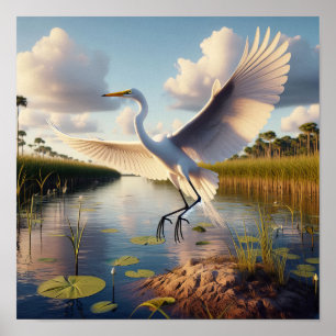 Majestic Great Egret in ruhigen Feuchtgebieten Poster