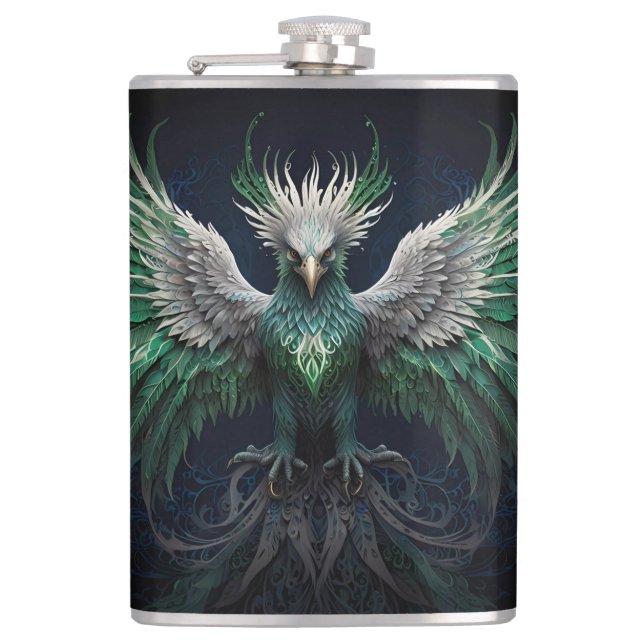 Majestic Green & White Phoenix Bird Flachmann (Vorderseite)