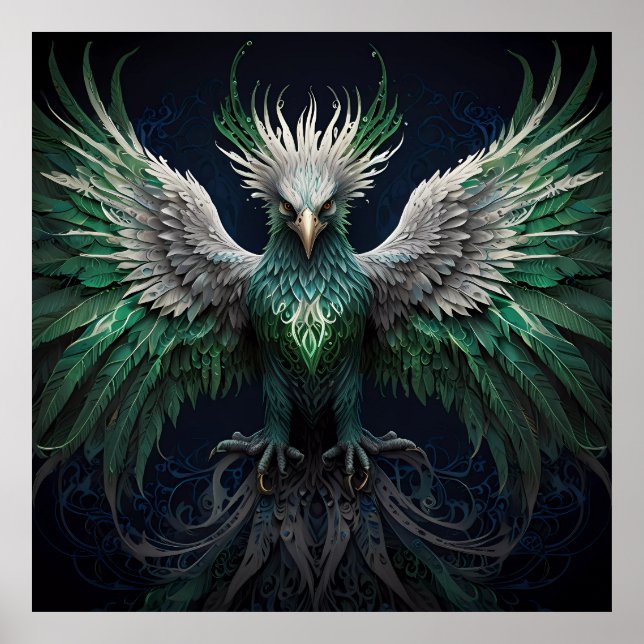 Majestic Green & White Phoenix Bird Poster (Vorne)