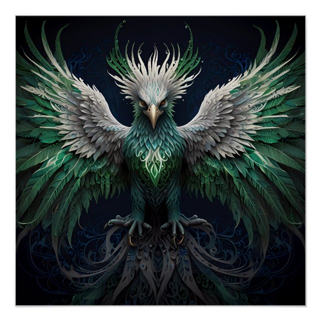 Majestic Green & White Phoenix Bird Poster (Vorderseite)