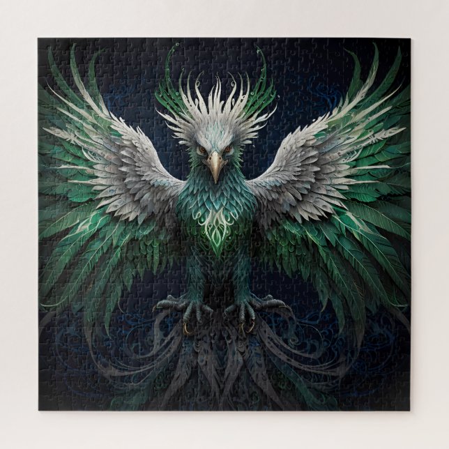 Majestic Green & White Phoenix Bird Puzzle (Vertikal)