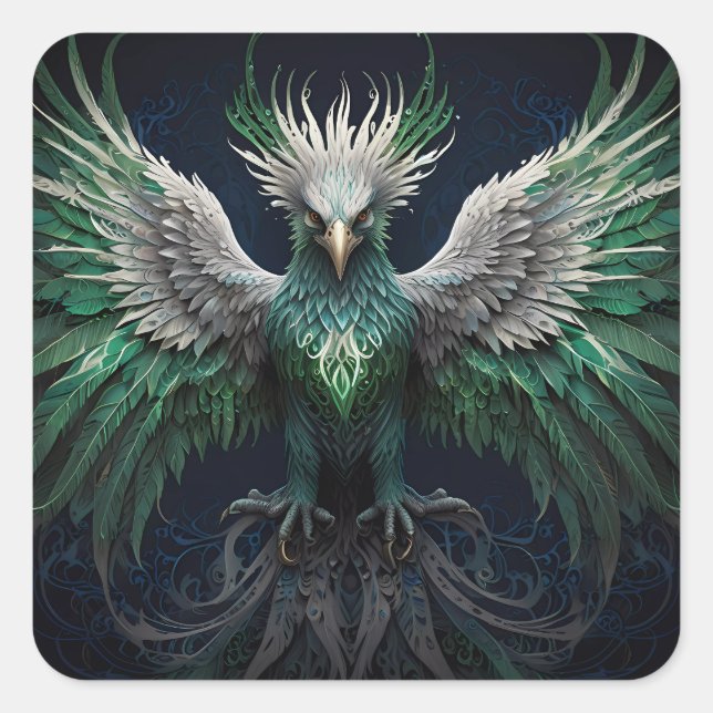 Majestic Green & White Phoenix Bird Quadratischer Aufkleber (Vorderseite)