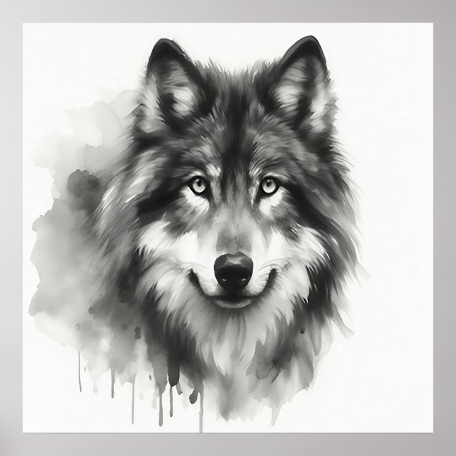 Majestic Grey Wolf Atemberaubend Watercolor Wildli Poster (Vorne)